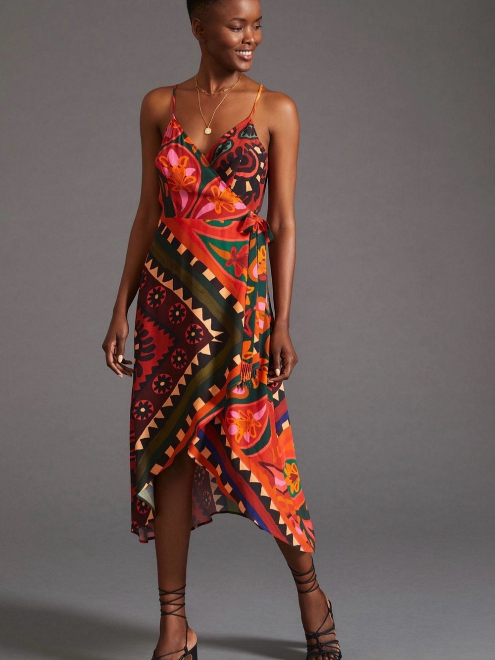 FARM Rio Pink, Orange & Green Paisley Midi Wrap Dress